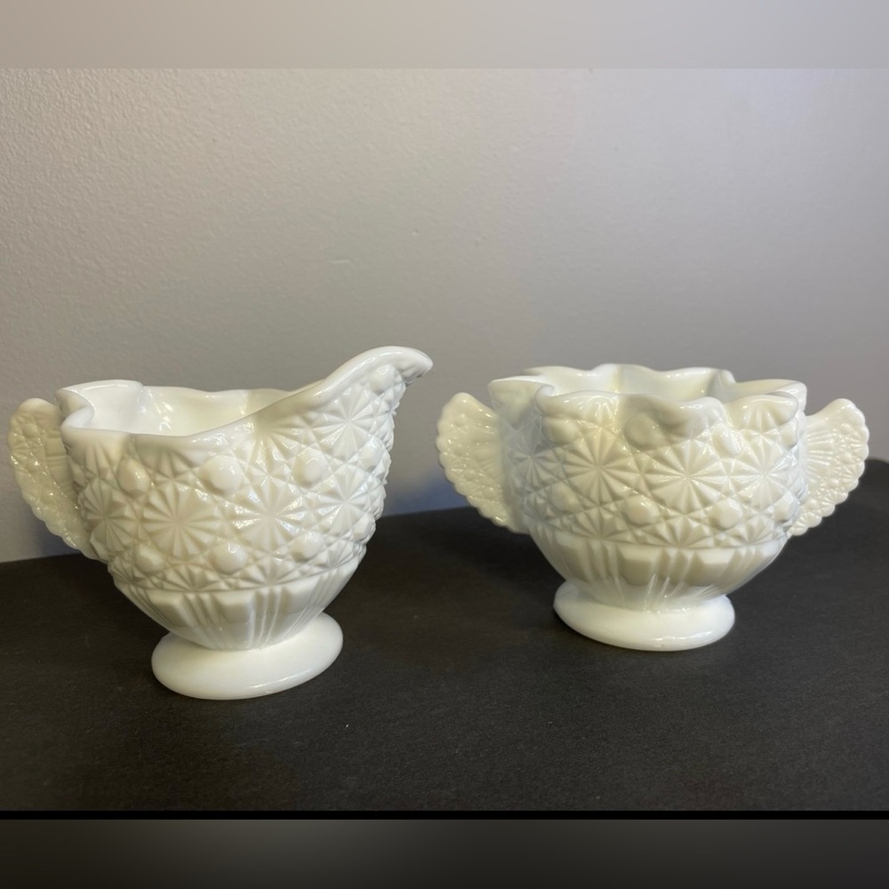 Fenton Milk Glass Daisy Button Star Crimped Sugar & Creamer Set ~ circa 1930s